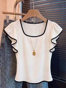 SHEIN Franclia French Sweet Cute Premium White Ruffle Trim Cap Sleeve Contrast Black Slim Fit Flattering Square Neck Shoulder Design Niche Flutter Sleeve Women's T-Shirt - White - View 7
