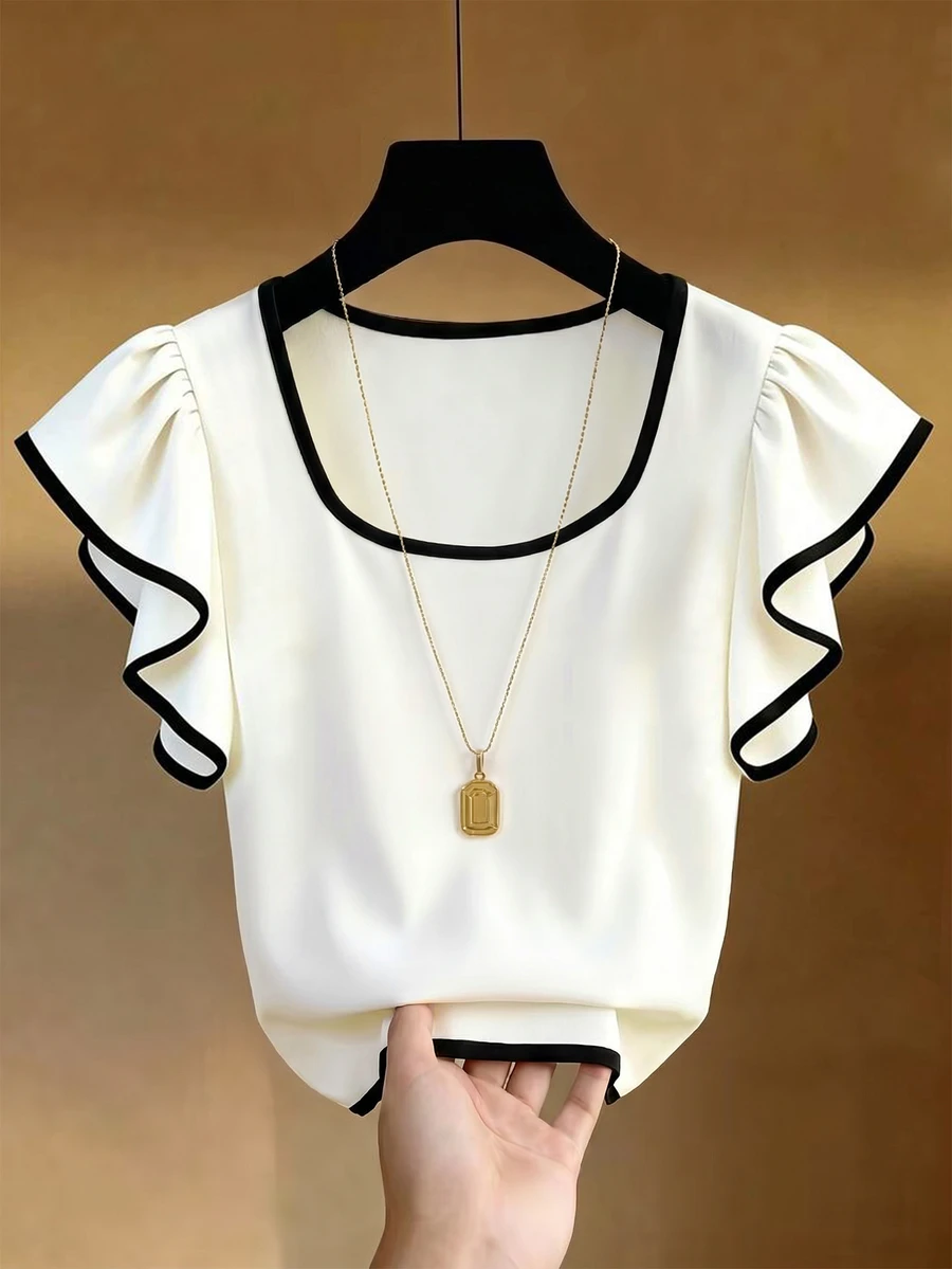 SHEIN Franclia French Sweet Cute Premium White Ruffle Trim Cap Sleeve Contrast Black Slim Fit Flattering Square Neck Shoulder Design Niche Flutter Sleeve Women's T-Shirt - White - View 1