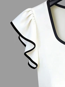 SHEIN Franclia French Sweet Cute Premium White Ruffle Trim Cap Sleeve Contrast Black Slim Fit Flattering Square Neck Shoulder Design Niche Flutter Sleeve Women's T-Shirt - White - View 5