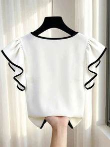 SHEIN Franclia French Sweet Cute Premium White Ruffle Trim Cap Sleeve Contrast Black Slim Fit Flattering Square Neck Shoulder Design Niche Flutter Sleeve Women's T-Shirt - White - View 2