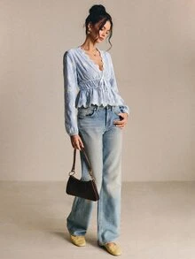 Poéselle 女款V領條紋花卉刺繡圖案休閒日常穿著襯衫，長袖襯衫，荷葉邊襯衫，秋季 - 藍白色 - 查看 6