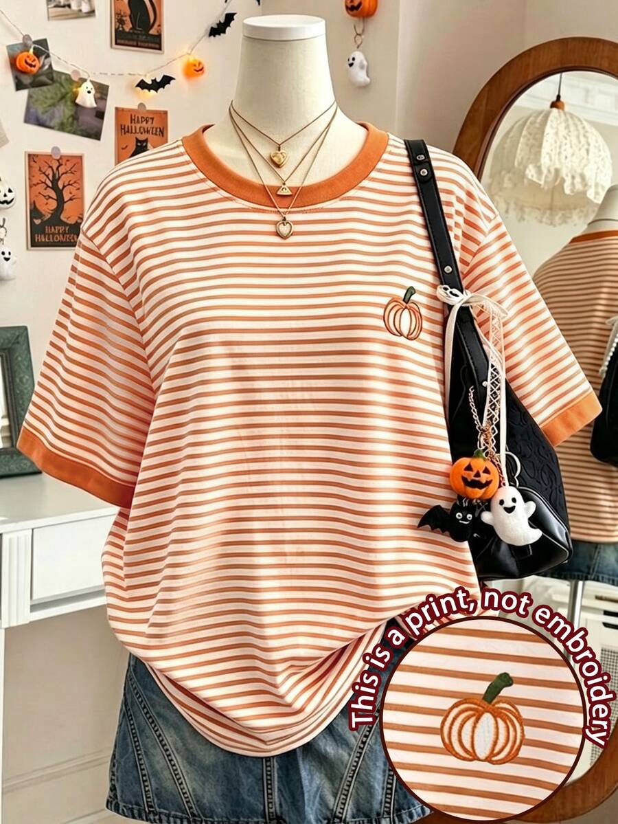 Lalippa Retro Orange And White Thin Striped Color-Blocked Crew Neck Short Sleeve T-Shirt For Women, Summer Small Pumpkin Embroidery Print, Loose And Slimming - Khaki - View 1