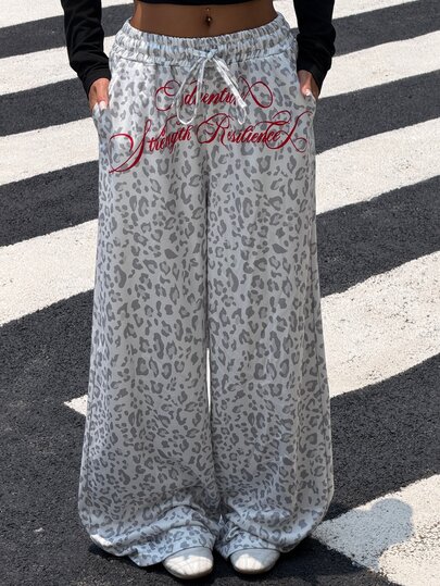Muchica Calça de Moletom Solta com Estampa de Leopardo e Letra Gráfica, Nova para Outono/Inverno Feminina