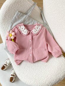 SHEIN Playful Pals Baby Girl Spring/Autumn/Winter Solid Color Corduroy Jacket, Comfortable Minimalist Design With Cute Embroidery, Suitable For Daily Wear And Sports - Pink - View 4