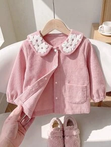 SHEIN Playful Pals Baby Girl Spring/Autumn/Winter Solid Color Corduroy Jacket, Comfortable Minimalist Design With Cute Embroidery, Suitable For Daily Wear And Sports - Pink - View 3