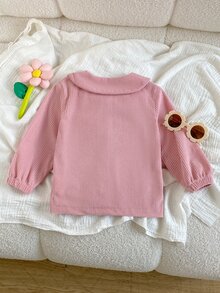 SHEIN Playful Pals Baby Girl Spring/Autumn/Winter Solid Color Corduroy Jacket, Comfortable Minimalist Design With Cute Embroidery, Suitable For Daily Wear And Sports - Pink - View 2