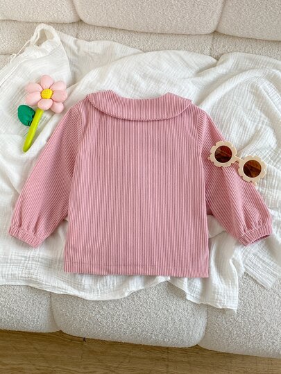 SHEIN Playful Pals Baby Girl Spring/Autumn/Winter Solid Color Corduroy Jacket, Comfortable Minimalist Design With Cute Embroidery, Suitable For Daily Wear And Sports
