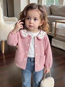 SHEIN Playful Pals Baby Girl Spring/Autumn/Winter Solid Color Corduroy Jacket, Comfortable Minimalist Design With Cute Embroidery, Suitable For Daily Wear And Sports - Pink - View 1