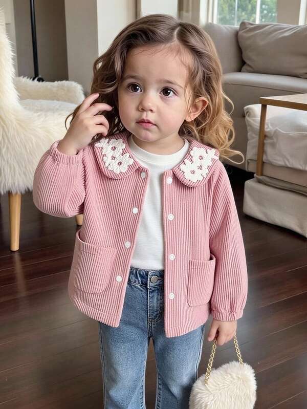 SHEIN Playful Pals Baby Girl Spring/Autumn/Winter Solid Color Corduroy Jacket, Comfortable Minimalist Design With Cute Embroidery, Suitable For Daily Wear And Sports