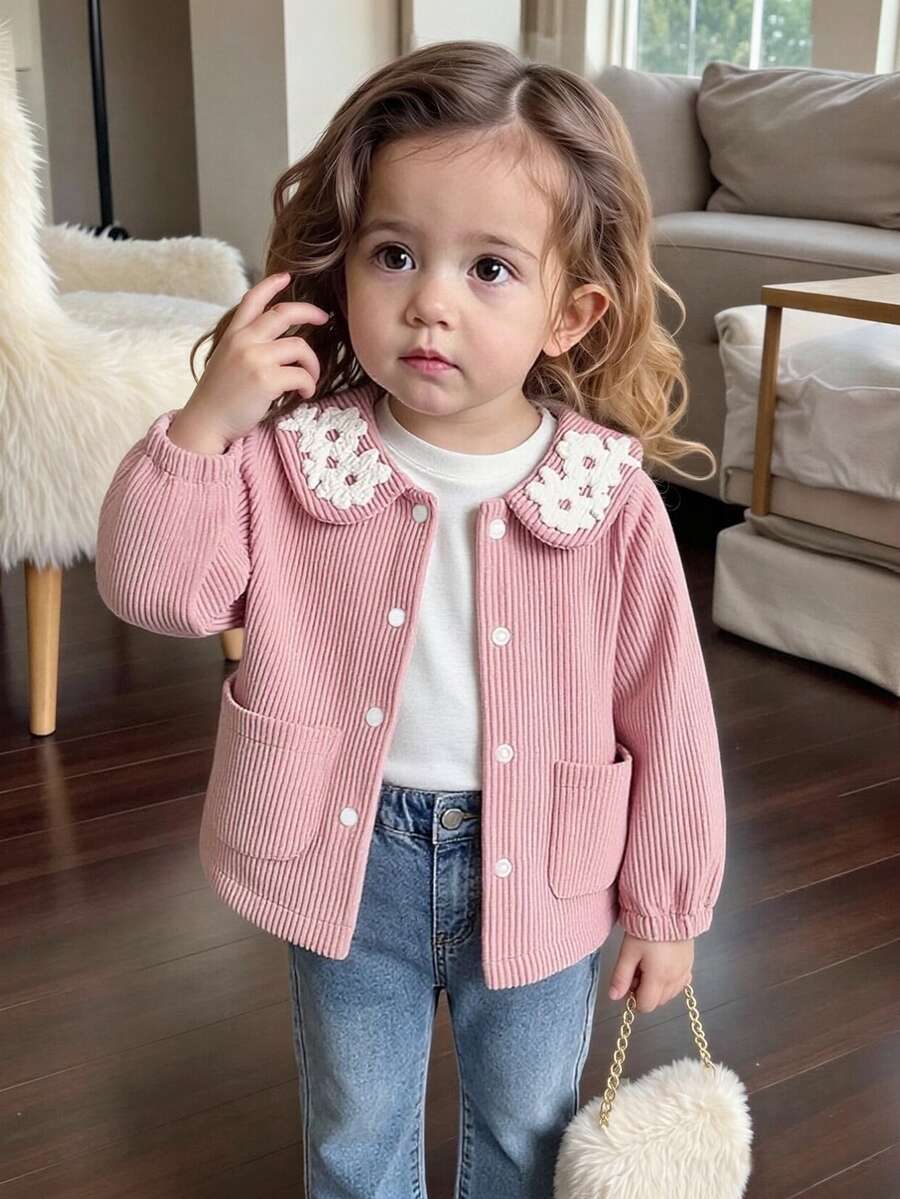SHEIN Playful Pals Baby Girl Spring/Autumn/Winter Solid Color Corduroy Jacket, Comfortable Minimalist Design With Cute Embroidery, Suitable For Daily Wear And Sports - Pink - View 1