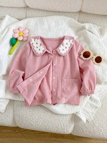 SHEIN Playful Pals Baby Girl Spring/Autumn/Winter Solid Color Corduroy Jacket, Comfortable Minimalist Design With Cute Embroidery, Suitable For Daily Wear And Sports - Pink - View 5