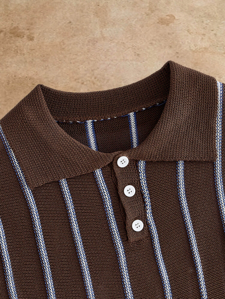HIMLAND New Men's Old Money Style Striped Knit Sweater With Turn-Down Collar And Button, Casual Short Sleeve - Brown - View 4