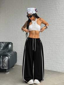 StreetHx Women's Loose Fit Drawstring Waist Contrast Color Sports Barrel Leg Pants - Black - View 3
