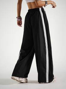 StreetHx Women's Loose Fit Drawstring Waist Contrast Color Sports Barrel Leg Pants - Black - View 2