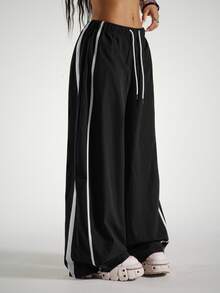 StreetHx Women's Loose Fit Drawstring Waist Contrast Color Sports Barrel Leg Pants - Black - View 5