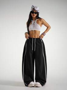 StreetHx Women's Loose Fit Drawstring Waist Contrast Color Sports Barrel Leg Pants - Black - View 4