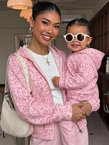 SHEIN Baby Girl Casual Minimalist College Style Vintage Pink Leopard Print Hooded Sweatshirt, Suitable For Autumn/Winter - Multicolor - View 1