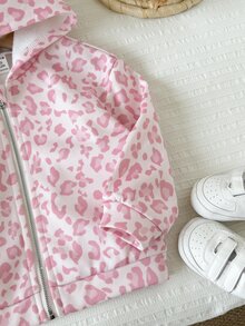 SHEIN Baby Girl Casual Minimalist College Style Vintage Pink Leopard Print Hooded Sweatshirt, Suitable For Autumn/Winter - Multicolor - View 4