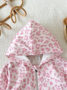 SHEIN Baby Girl Casual Minimalist College Style Vintage Pink Leopard Print Hooded Sweatshirt, Suitable For Autumn/Winter - Multicolor - View 3