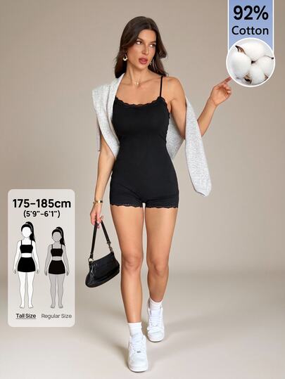 SHEIN Tall 92% Cotton Lace Camisole Romper, Versatile Style, Suitable For Tall Figures