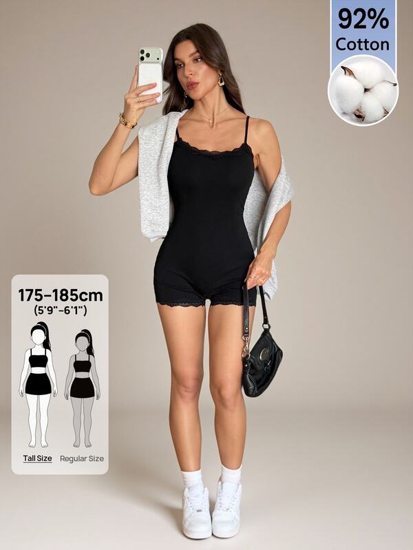 SHEIN Tall رومبير كاميسول من الدانتيل بنسبة 92% قطن، أسلوب متعدد الاستخدامات، مناسب للأجسام الطويلة