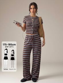 SHEIN Tall 2件組女款演唱會套裝，棕色條紋夏季休閒時尚都市度假風，前開扣短袖開襟衫與長褲 - 彩色 - 查看 5