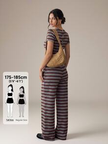 SHEIN Tall 2件組女款演唱會套裝，棕色條紋夏季休閒時尚都市度假風，前開扣短袖開襟衫與長褲 - 彩色 - 查看 3