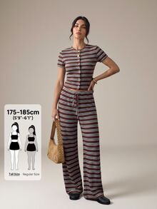 SHEIN Tall 2件組女款演唱會套裝，棕色條紋夏季休閒時尚都市度假風，前開扣短袖開襟衫與長褲 - 彩色 - 查看 7