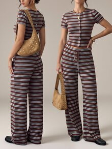 SHEIN Tall 2件組女款演唱會套裝，棕色條紋夏季休閒時尚都市度假風，前開扣短袖開襟衫與長褲 - 彩色 - 查看 1
