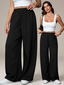 SHEIN Tall Women's Casual Wave Textured Pants, Suitable For Autumn - Black - View 1