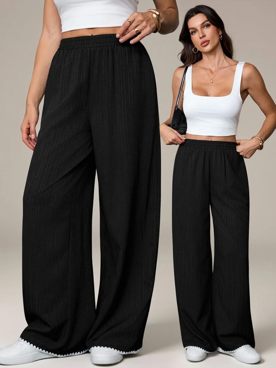 SHEIN Tall Women's Casual Wave Textured Pants, Suitable For Autumn - Black - View 1