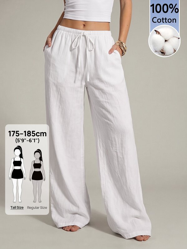 SHEIN Tall Women's Summer Casual White Linen Texture Wide Leg Pants, Vacation Beach Pants, Comfortable Loose Low Waist Long Pants, Suitable For Office And Workplace