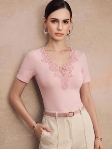 Anewsta Spring/Summer New Elegant Romantic Fashion Casual Versatile Outing Brunch Neckline Patchwork Water-Soluble Lace Knit Short Sleeve Women's T-Shirt - Pink - View 4