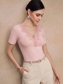 Anewsta Spring/Summer New Elegant Romantic Fashion Casual Versatile Outing Brunch Neckline Patchwork Water-Soluble Lace Knit Short Sleeve Women's T-Shirt - Pink - View 3