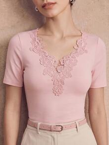Anewsta Spring/Summer New Elegant Romantic Fashion Casual Versatile Outing Brunch Neckline Patchwork Water-Soluble Lace Knit Short Sleeve Women's T-Shirt - Pink - View 6