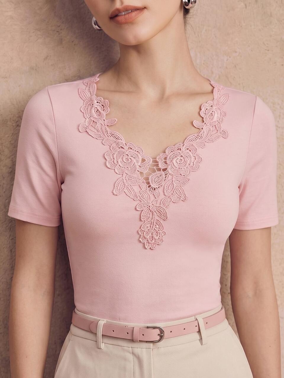 Anewsta Spring/Summer New Elegant Fashion Casual Versatile Outing Professional Commute Date Holiday Neckline Patchwork Water-Soluble Lace Knit Elastic Slim Fit Short Sleeve Women's T-Shirt