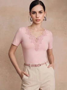 Anewsta Spring/Summer New Elegant Romantic Fashion Casual Versatile Outing Brunch Neckline Patchwork Water-Soluble Lace Knit Short Sleeve Women's T-Shirt - Pink - View 5