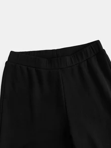 SHEIN 少女休闲针织纯色保暖内衬罗纹拉链领上衣和喇叭裤套装，秋冬季基础叠穿单品，黑色两件套 - 黑色 - 查看 7