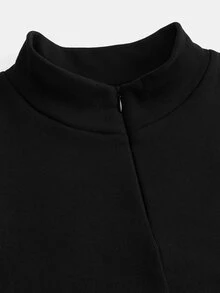 SHEIN 少女休闲针织纯色保暖内衬罗纹拉链领上衣和喇叭裤套装，秋冬季基础叠穿单品，黑色两件套 - 黑色 - 查看 4