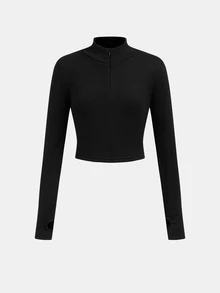 SHEIN 少女休闲针织纯色保暖内衬罗纹拉链领上衣和喇叭裤套装，秋冬季基础叠穿单品，黑色两件套 - 黑色 - 查看 5