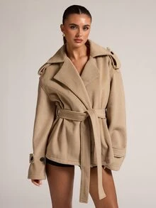 SHEIN BAE Solid Color Elegant Lapel Loose Waist Belt Tie Slimming Versatile Commute Daily Wool Short Jacket - Camel - View 1