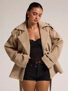 SHEIN BAE Solid Color Elegant Lapel Loose Waist Belt Tie Slimming Versatile Commute Daily Wool Short Jacket - Camel - View 7