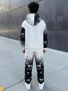 SHEIN 青少年男孩休閒街頭風運動塗鴉臉部紮染印花連帽套頭長袖衛衣與長褲套裝，適合通勤、上學、日常休閒外出、運動，秋冬季，萬聖節 - 黑與白 - 查看 2