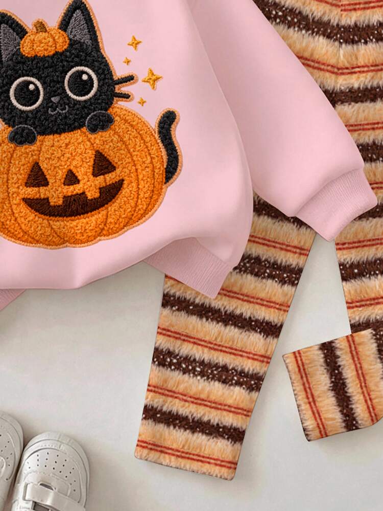 Halloween, Baby Girl Casual Minimalist Cute Textured Halloween Cartoon Pumpkin Cat Pattern, Pumpkin Color Striped, Loose Round Neck Sweatshirt Elastic Waist Long Pants Set Suitable For Autumn/Winter Looks Of Party, Fall, Winter, Kawaii - Multicolor - View 8