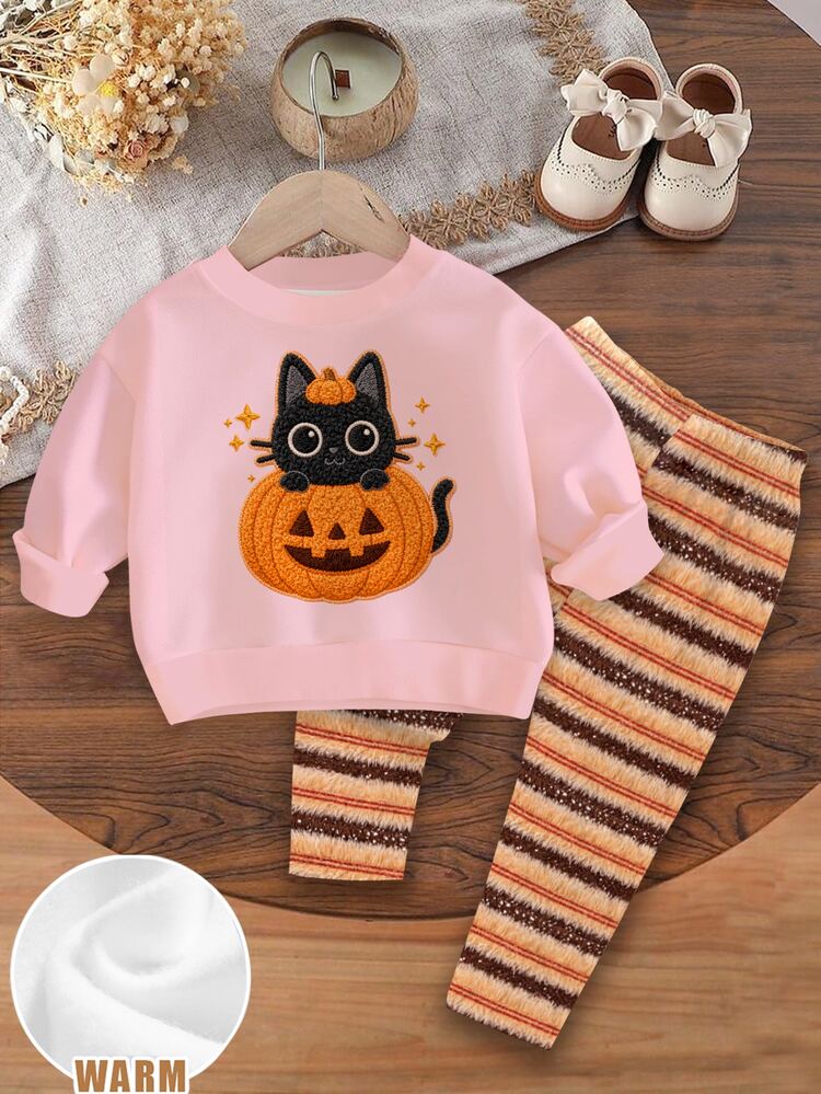 Halloween, Baby Girl Casual Minimalist Cute Textured Halloween Cartoon Pumpkin Cat Pattern, Pumpkin Color Striped, Loose Round Neck Sweatshirt Elastic Waist Long Pants Set Suitable For Autumn/Winter Looks Of Party, Fall, Winter, Kawaii - Multicolor - View 4