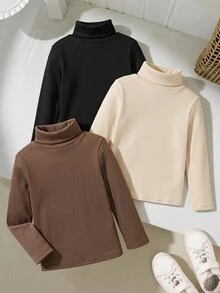 SHEIN 兒童小女孩高領打底 T-shirt，秋季服飾，適合日常休閒穿著，3件組套裝 - 彩色 - 查看 4