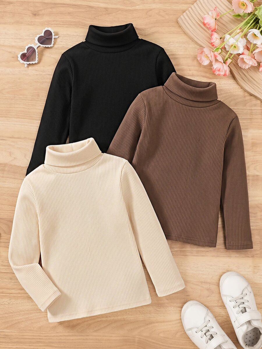 SHEIN 兒童小女孩高領打底 T-shirt，秋季服飾，適合日常休閒穿著，3件組套裝 - 彩色 - 查看 1