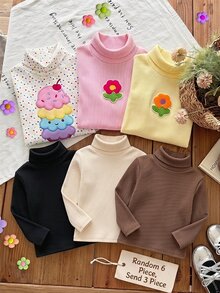 SHEIN 兒童小女孩高領打底 T-shirt，秋季服飾，適合日常休閒穿著，3件組套裝 - 彩色 - 查看 3