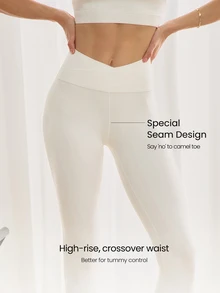GLOWMODE 24" FeatherFit™ Crossover Leggings With Built-In Underwear Light Support Low Impact Yoga Pilates Daily Gym Spring Summer - White - View 4