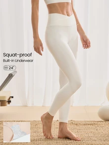 GLOWMODE 24" FeatherFit™ Crossover Leggings With Built-In Underwear Light Support Low Impact Yoga Pilates Daily Gym Spring Summer - White - View 1